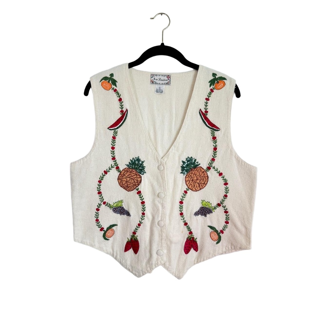 New Directions Large Cream Embroidered Fruit Vest Vintage Boho Granny Funny